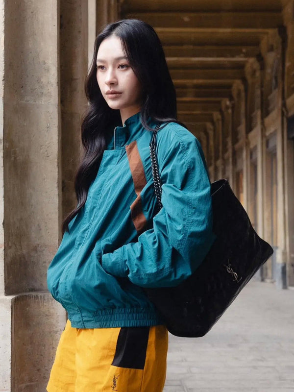 YSL Cassandre Windbreaker Jacket in Teal Nylon Faille