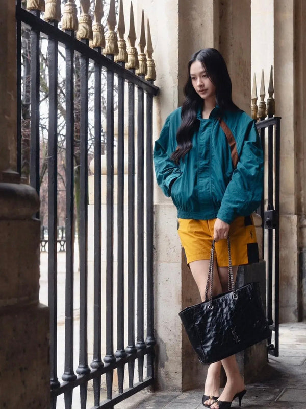 YSL Cassandre Windbreaker Jacket in Teal Nylon Faille