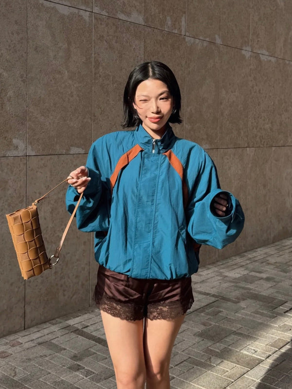 YSL Cassandre Windbreaker Jacket in Teal Nylon Faille