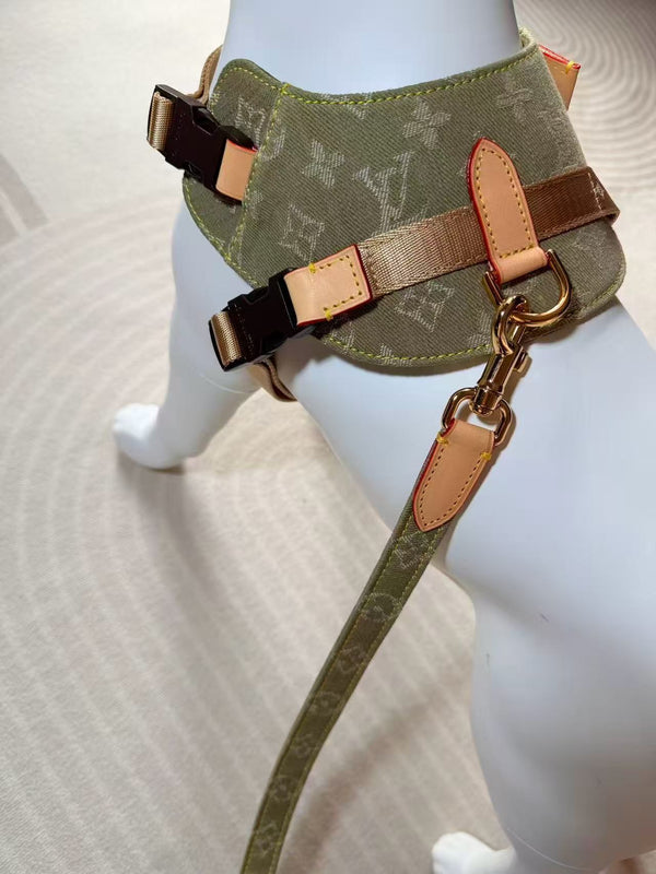 LV Dog Harness & Leash Set Green Fabric Cowhide Leather