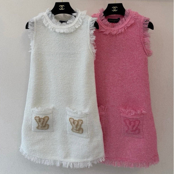 LV Sleeveless Mini Dress Initials Wool Frayed Trim 421051