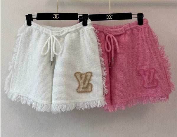 LV Fringe Hem Toweling Shorts Initials Wool 421038