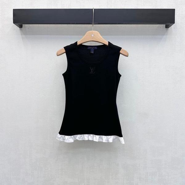 LV Ruffle Hem Tank Top in Black Cotton