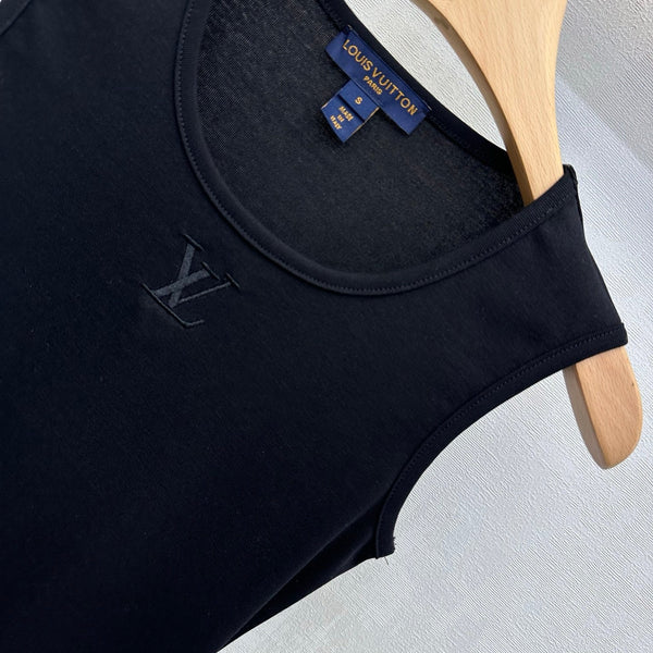 LV Ruffle Hem Tank Top in Black Cotton