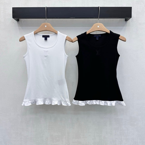 LV Ruffle Hem Tank Top in Black Cotton