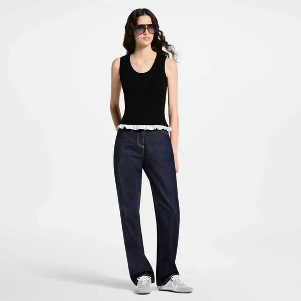 LV Ruffle Hem Tank Top in Black Cotton