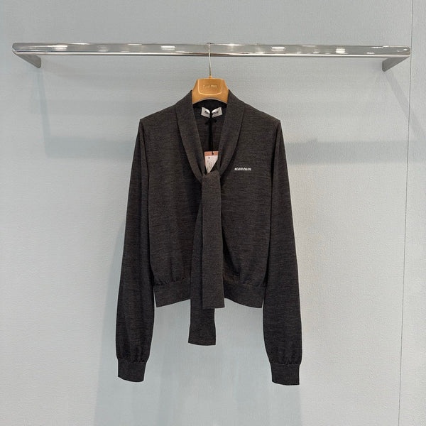 Miu Cardigan With Neck Scarf Anthracite Gray Wool