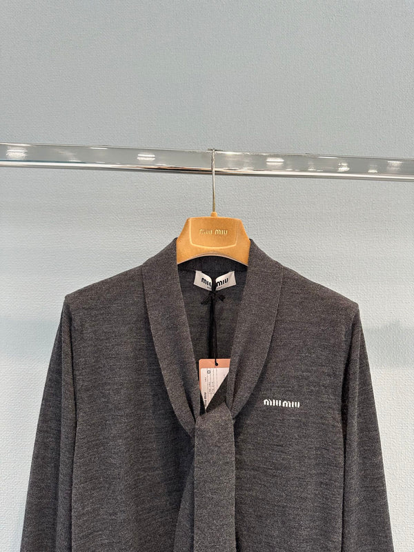 Miu Cardigan With Neck Scarf Anthracite Gray Wool