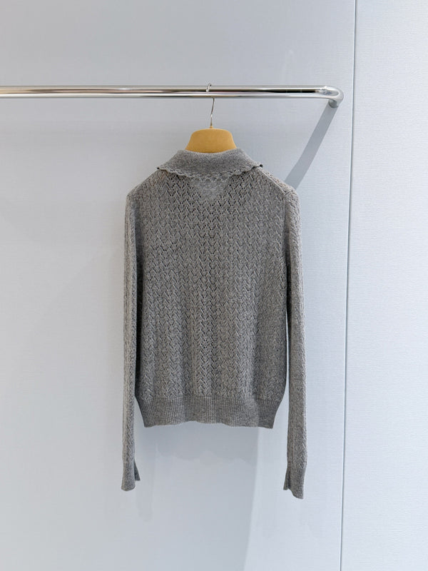 Miu Pointelle Zip Cardigan Grey Cashmere And Silk