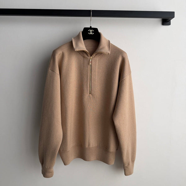CC Mock-Neck Zip-Up Sweater Camel Beige Wool