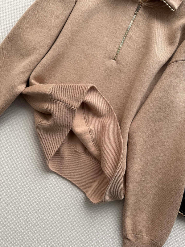 CC Mock-Neck Zip-Up Sweater Camel Beige Wool