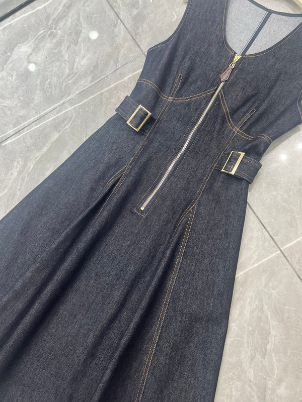 LV Sleeveless Midi Dress Navy Blue Denim 425815