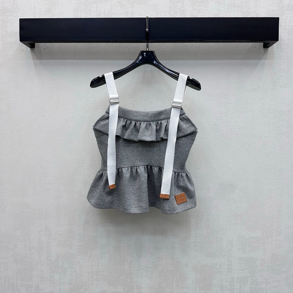 LV Contrast Strap Peplum Crop Top Grey Cotton