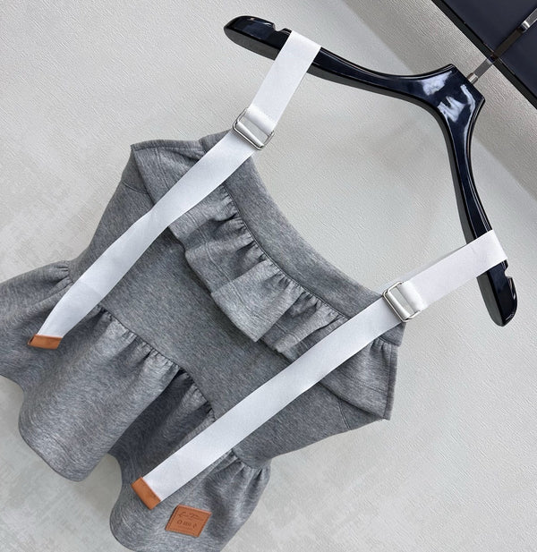 LV Contrast Strap Peplum Crop Top Grey Cotton