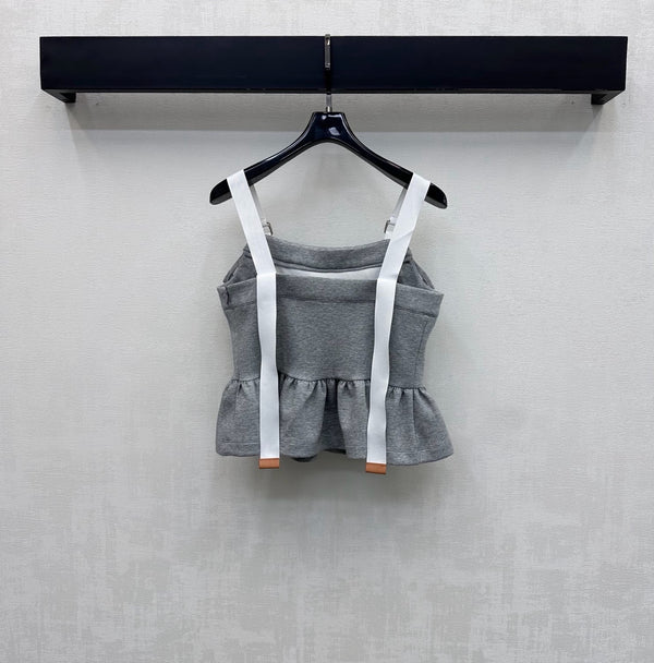 LV Contrast Strap Peplum Crop Top Grey Cotton