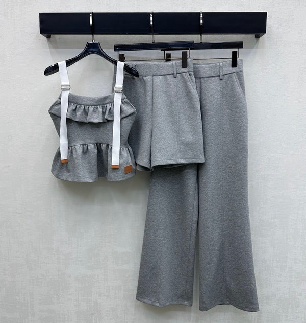LV Contrast Strap Peplum Crop Top Grey Cotton