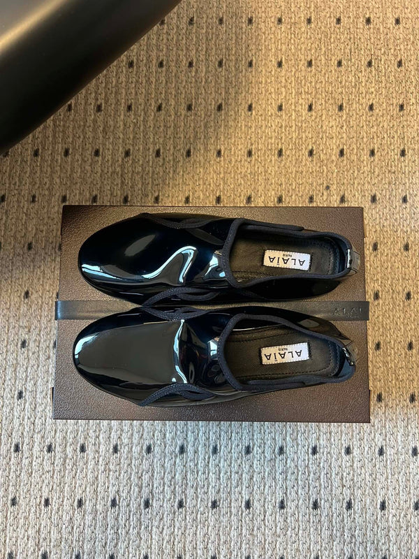 Alaia Criss Cross Ballet Flats Black Patent Cowhide Leather