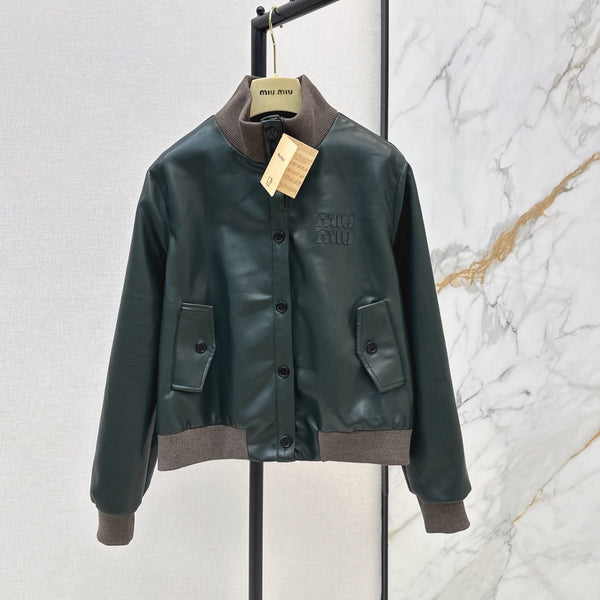 Miu 26S Bomber Jacket Dark Green PU Leather