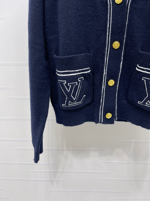 LV Contrast Accent Cardigan in Navy Blue Wool