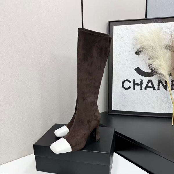 CC Bicolor Cap-Toe High Boots 8.5cm Dark Brown Stretch Suede