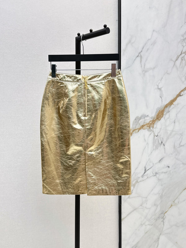 YSL Crinkled Midi Skirt Metallic Gold Leather