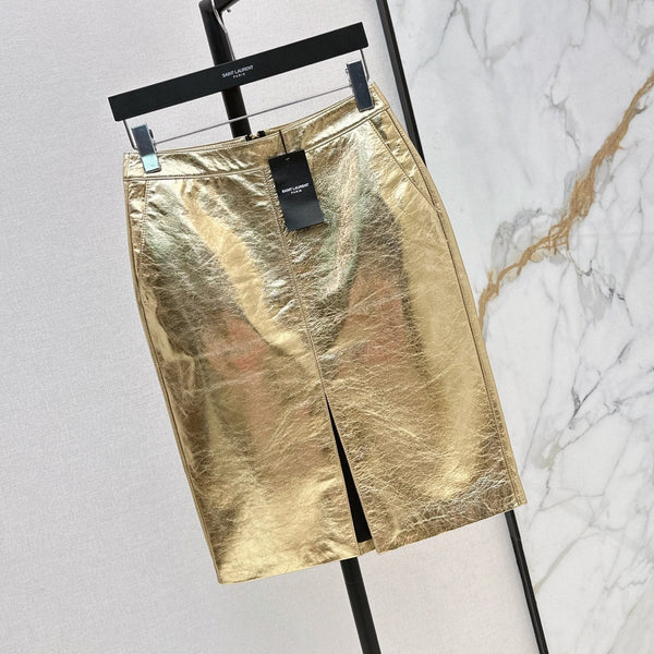 YSL Crinkled Midi Skirt Metallic Gold Leather