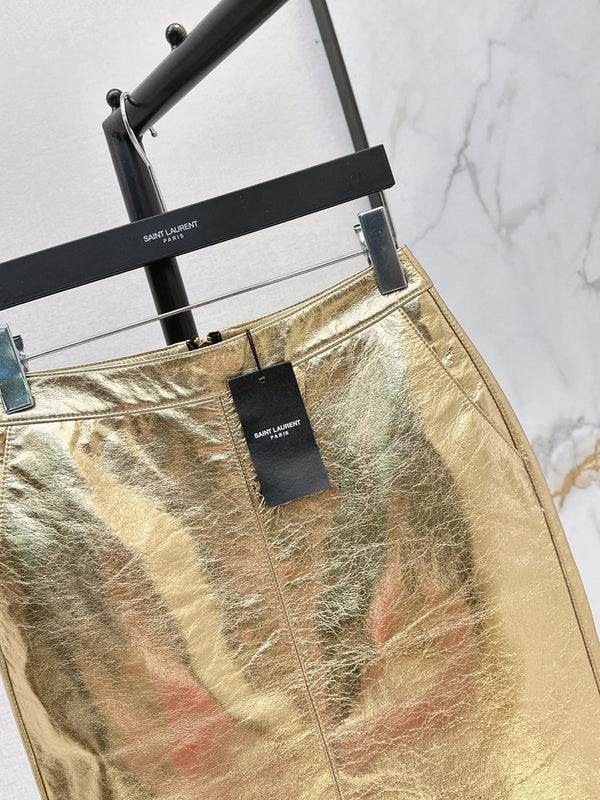 YSL Crinkled Midi Skirt Metallic Gold Leather