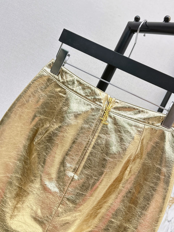 YSL Crinkled Midi Skirt Metallic Gold Leather