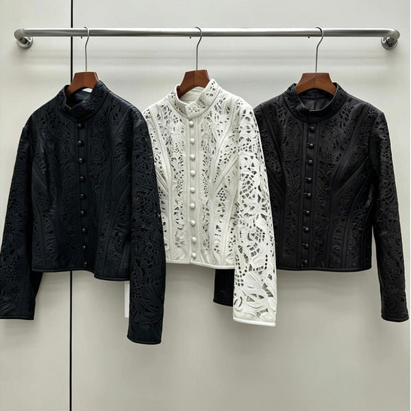 HM 26S Laser-Cut Lace Pattern Jacket Mock Collar Round Buttons Leather 435206