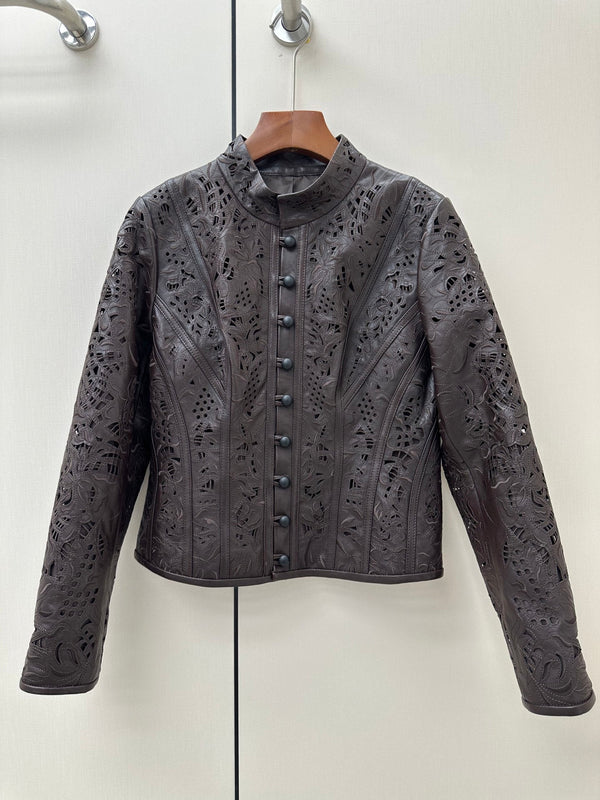HM 26S Laser-Cut Lace Pattern Jacket Mock Collar Round Buttons Leather 435206