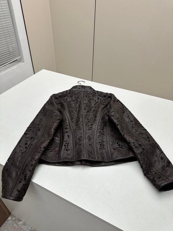 HM 26S Laser-Cut Lace Pattern Jacket Mock Collar Round Buttons Leather 435206