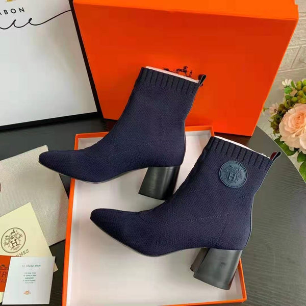 HM Volver Ankle Boots Navy Blue Knit Fabric