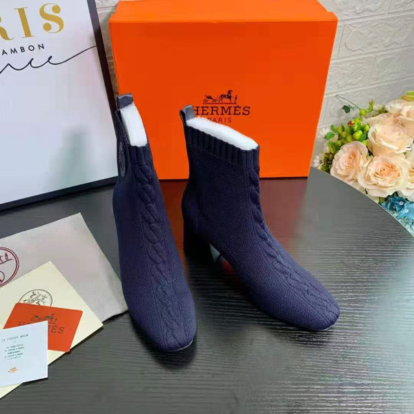 HM Volver Ankle Boots Navy Blue Knit Fabric