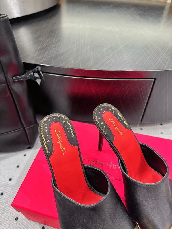 MS Trompe L'oeil Toe Mules Black Gold Leather Blend With Silk