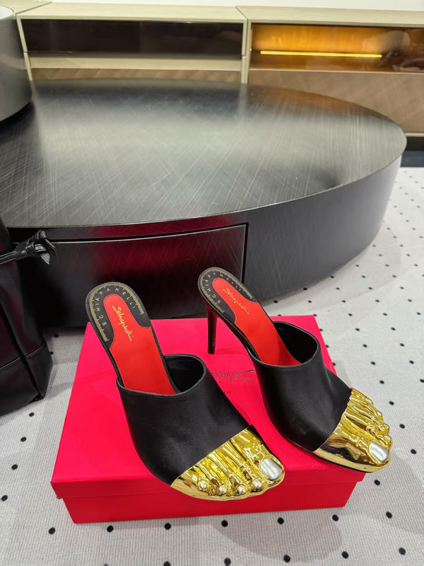 MS Trompe L'oeil Toe Mules Black Gold Leather Blend With Silk