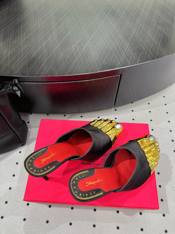 MS Trompe L'oeil Toe Mules Black Gold Leather Blend With Silk