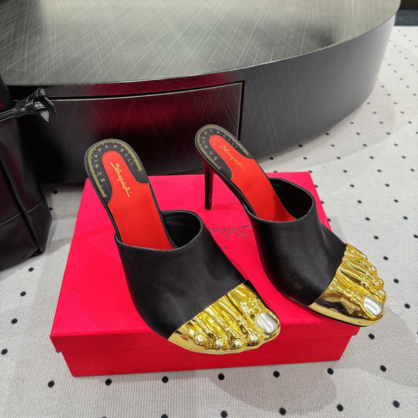 MS Trompe L'oeil Toe Mules Black Gold Leather Blend With Silk