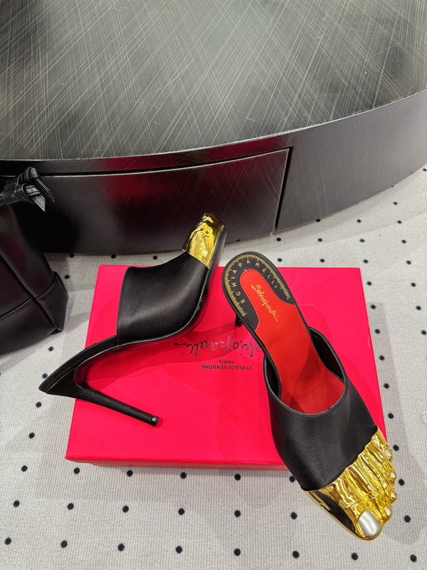 MS Trompe L'oeil Toe Mules Black Gold Leather Blend With Silk