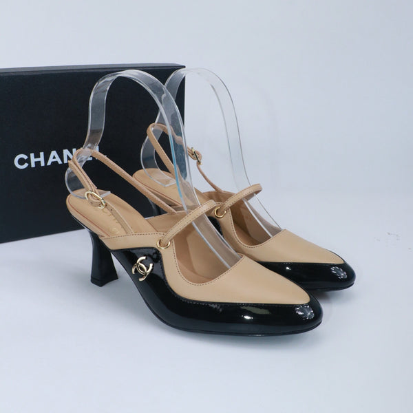 CC 26 Two-Tone Slingbacks 7cm Black Beige Glossy Leather and Matte Cowhide
