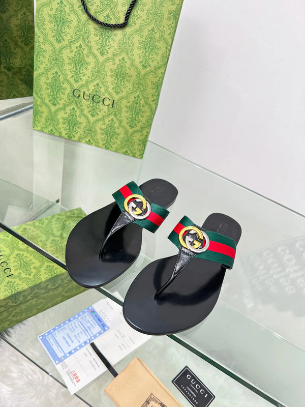 GG 26SS Kika Thong Sandals Web Stripe Interlocking Logo Black Rubber