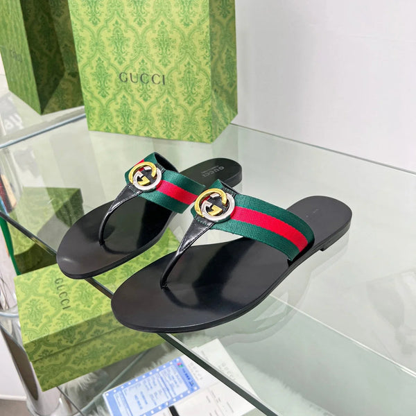 GG 26SS Kika Thong Sandals Web Stripe Interlocking Logo Black Rubber