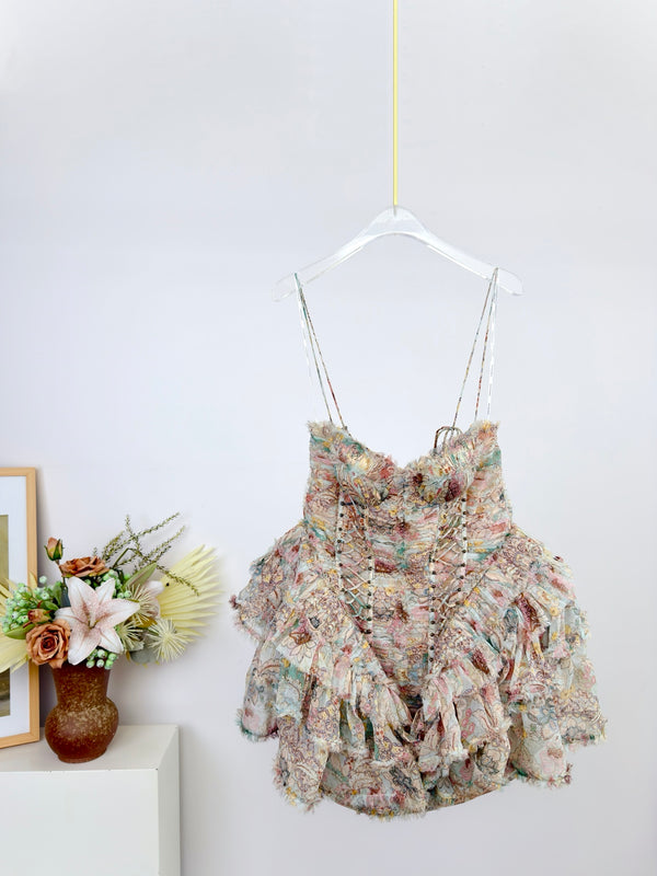 ZM 2026 Rebellion Frayed Mini Dress Light Green Floral Silk