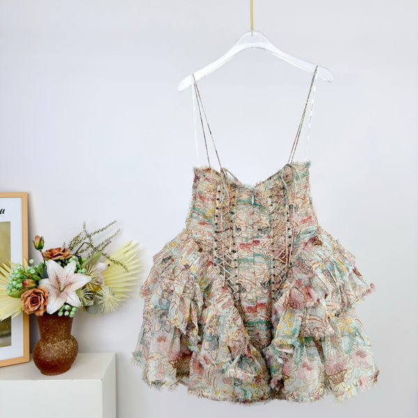ZM 2026 Rebellion Frayed Mini Dress Light Green Floral Silk