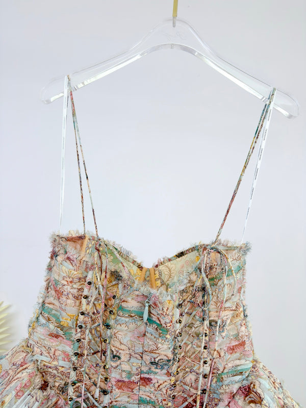 ZM 2026 Rebellion Frayed Mini Dress Light Green Floral Silk