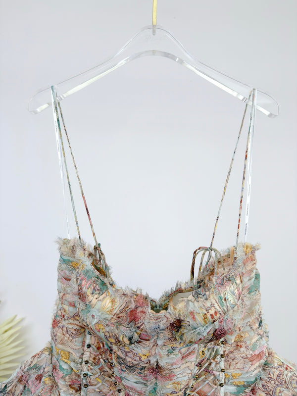 ZM 2026 Rebellion Frayed Mini Dress Light Green Floral Silk