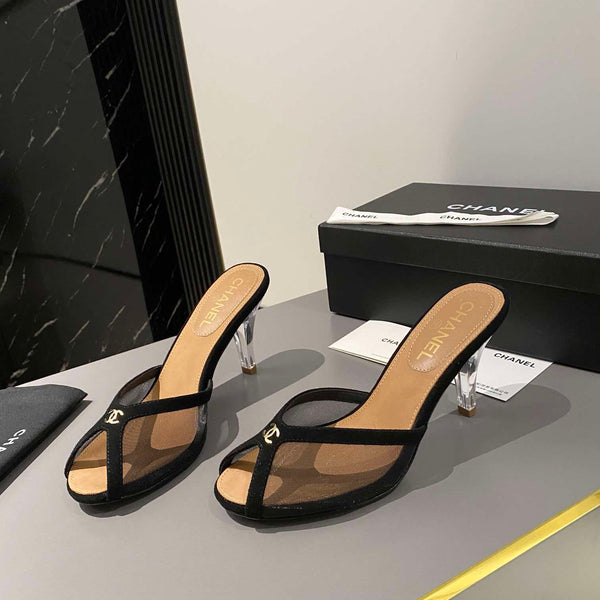 CC Peep-Toe Mules Logo Black Mesh Lambskin