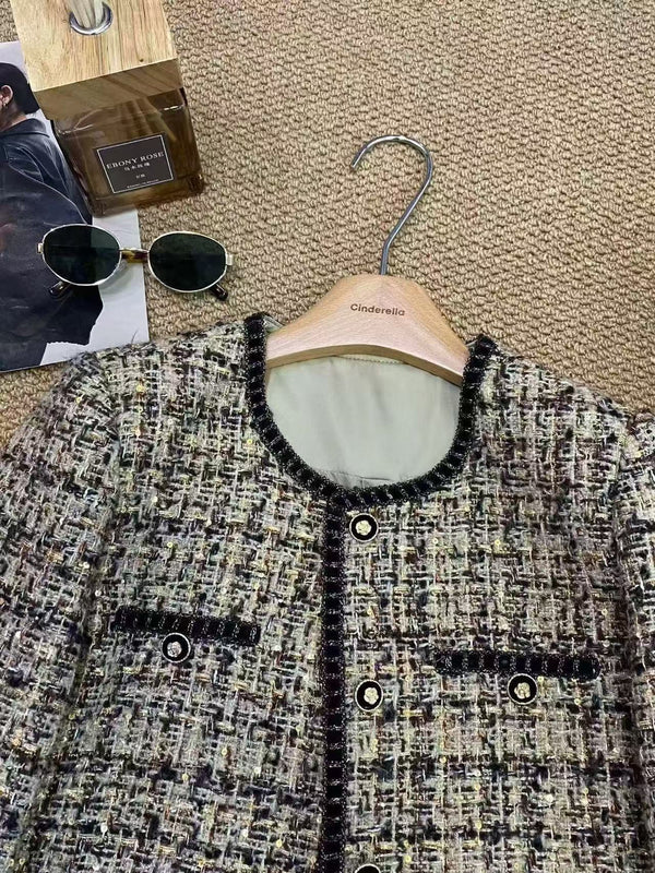 CC Women's Style Jacket Round-Neck Coat Tweed