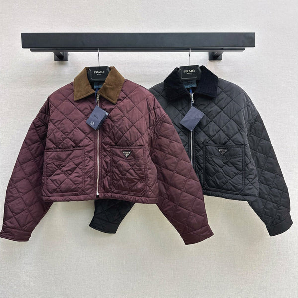 Prad 26FW Diamond-Quilted Cropped Jacket Corduroy Collar Polyester 440516