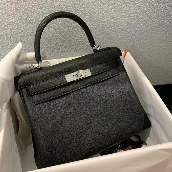 HM Kelly Retourne Bag 28cm Black Togo With Silver Hardware