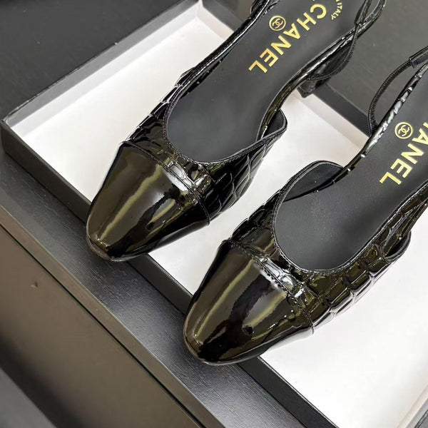 CC 26FW Cap-Toe Slingback Pumps Crocodile-Embossed Patent Calfskin